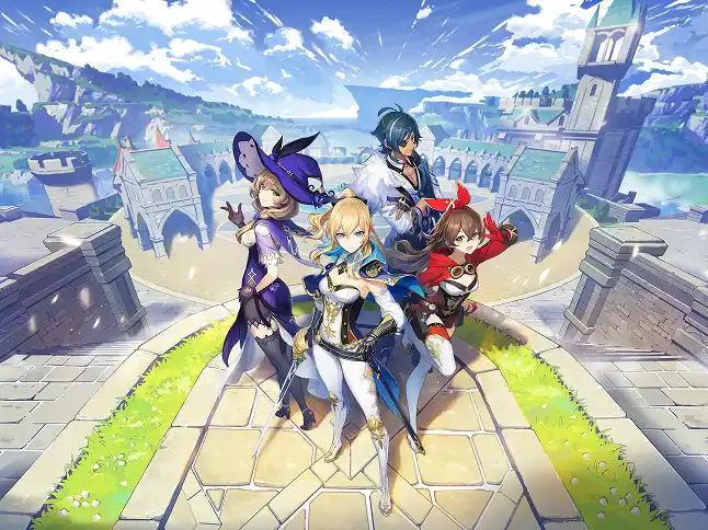 groep fantasy personages uit een anime game staan samen op een stadsmuur met een middeleeuwse stad op de achtergrond